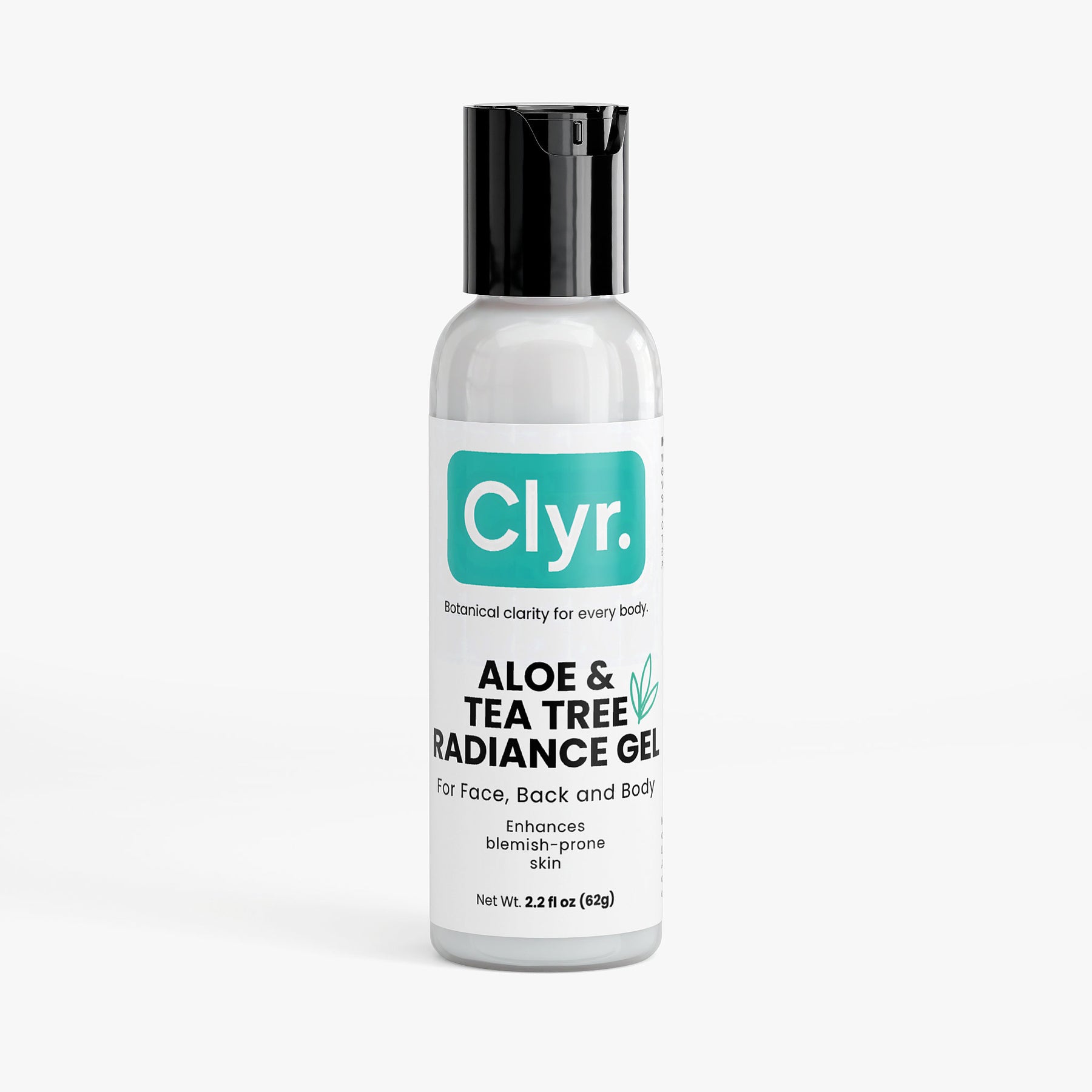 Bottle of Clyr Aloe & Tea Tree Radiance Gel on a white background
