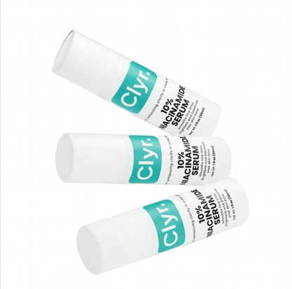 Three bottles of Clyr 10% Niacinamide Serum on a white background