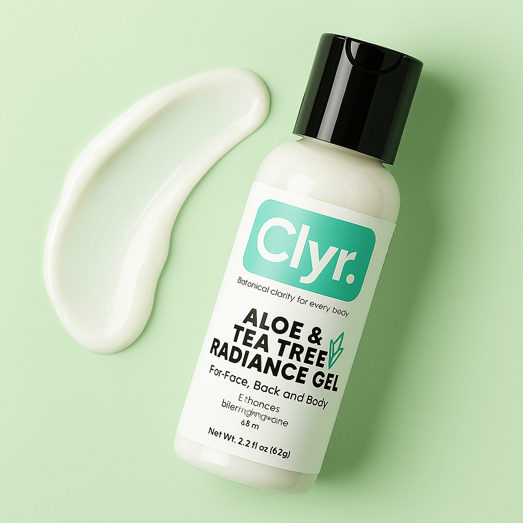 Clyr aloe and tea tree radiance gel bottle with a green background