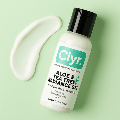 Clyr aloe and tea tree radiance gel bottle with a green background